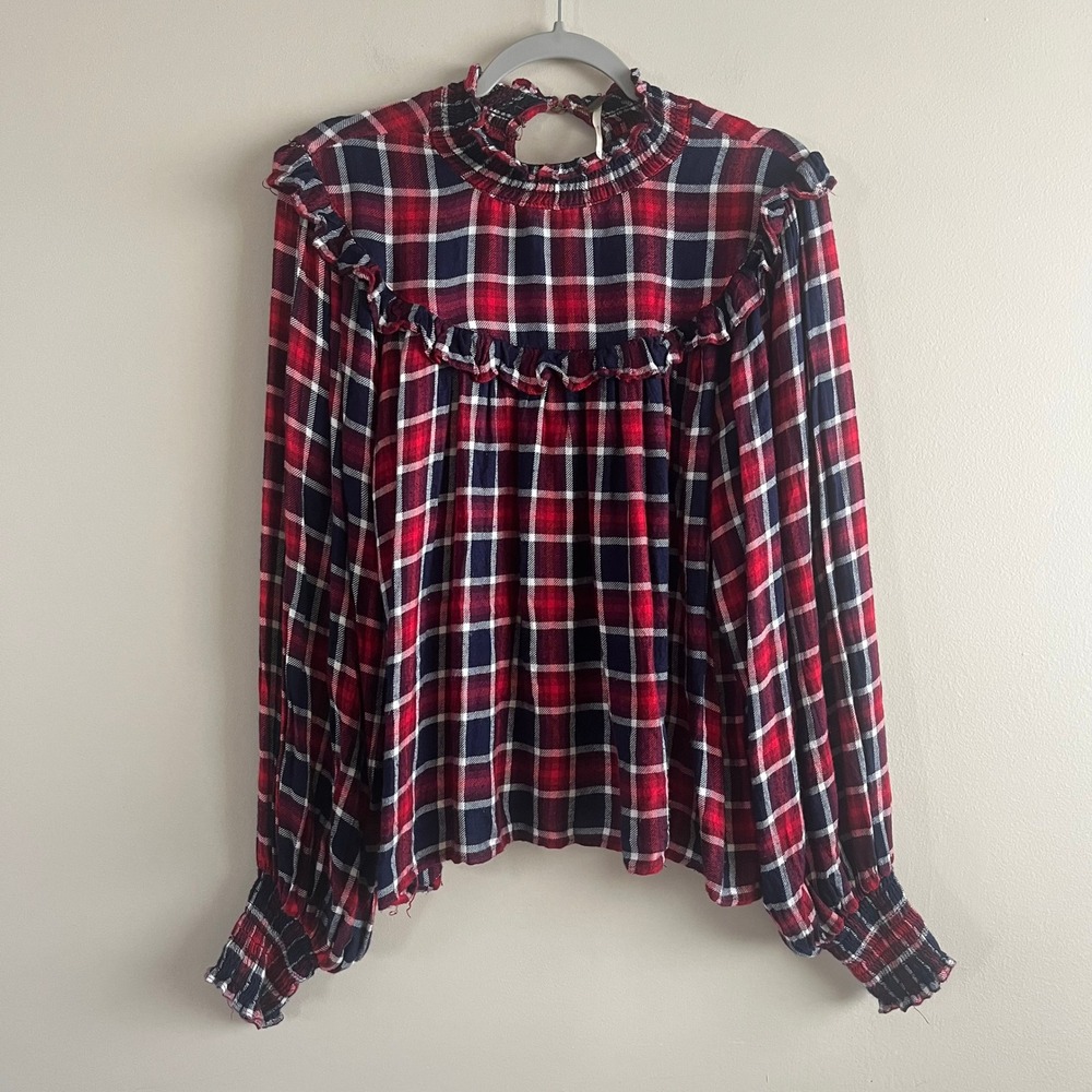 Free People Charlie Ruffle Plaid Top Size M Red Navy Smocked Cottagecore